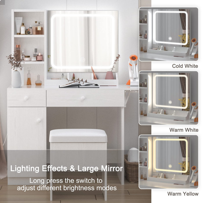 Latitude Run® Vanity Desk Set With Led Lighted Mirror & Power Outlet